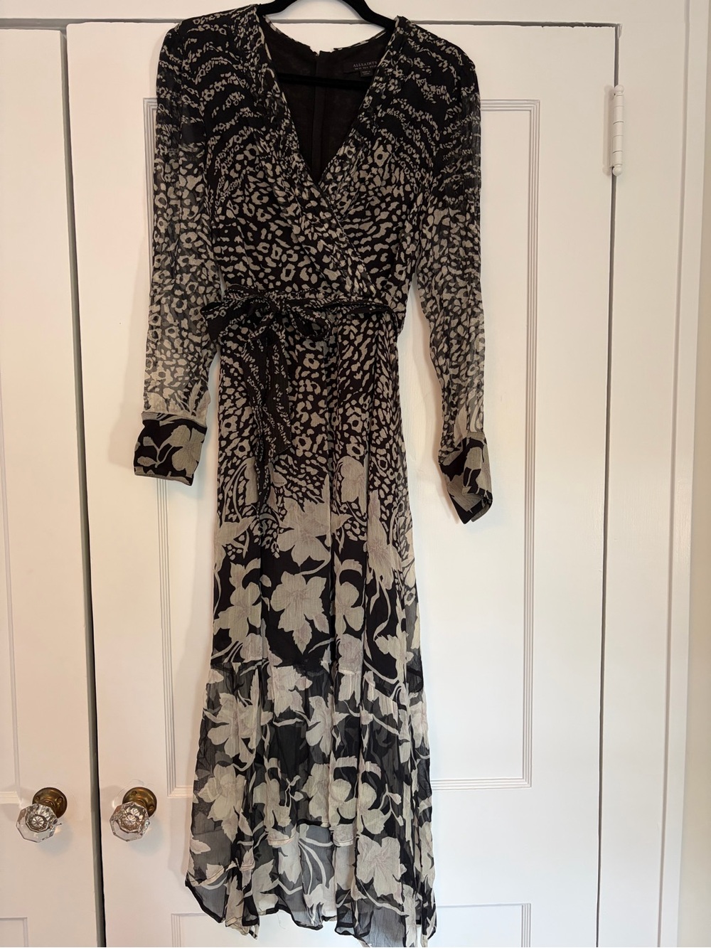 All Saints Black and Cream Mixed-Print Wrap Maxi Dress